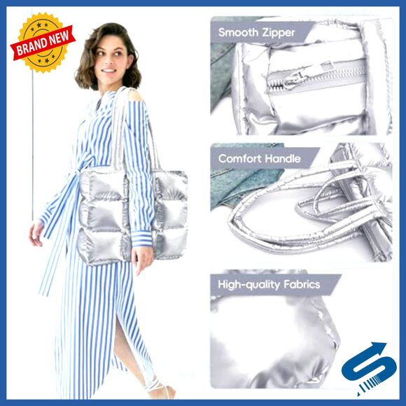 Large Quilted Puffer Tote Bag, Water-Resistant Nylon, 13.6x11.8x4.3 - Picture 2 of 7